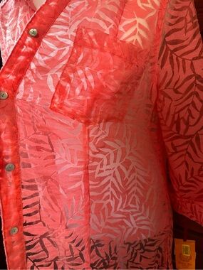 NWT Ruby Rd. Petite Large Coral Burnout Leaf Button Front Tunic Blouse Cover-Up